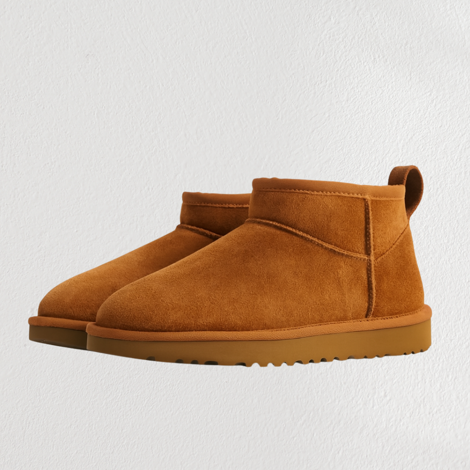 Pair of brown suede ankle boots on a light gray background